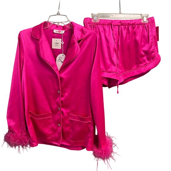 NEW Buddy Love Size Small 2 Piece Pajama Set Glam Maribou Feather Prescott